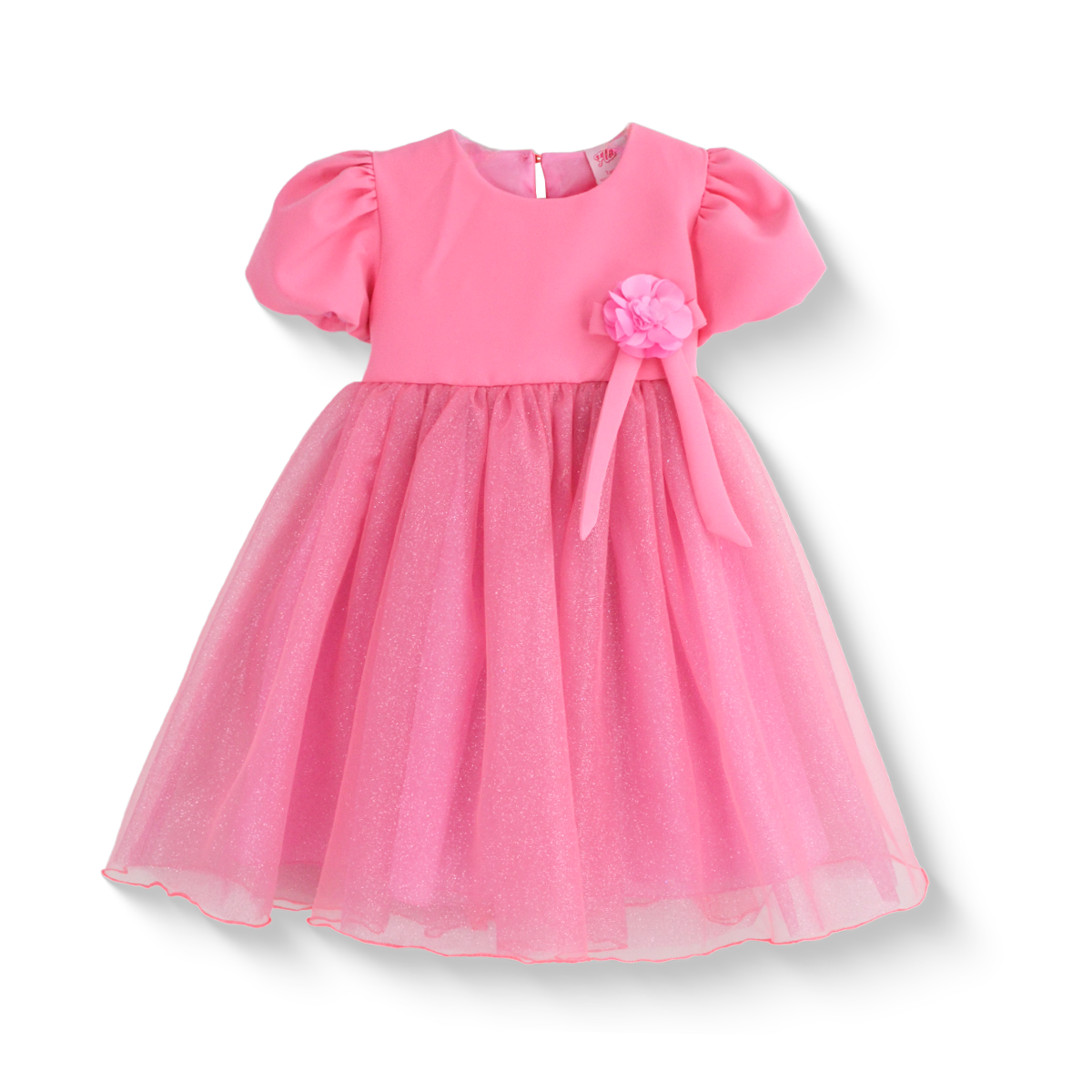 Vestido manga abullonada con flor de satín | VEBB0119 | tallas 1-2-3