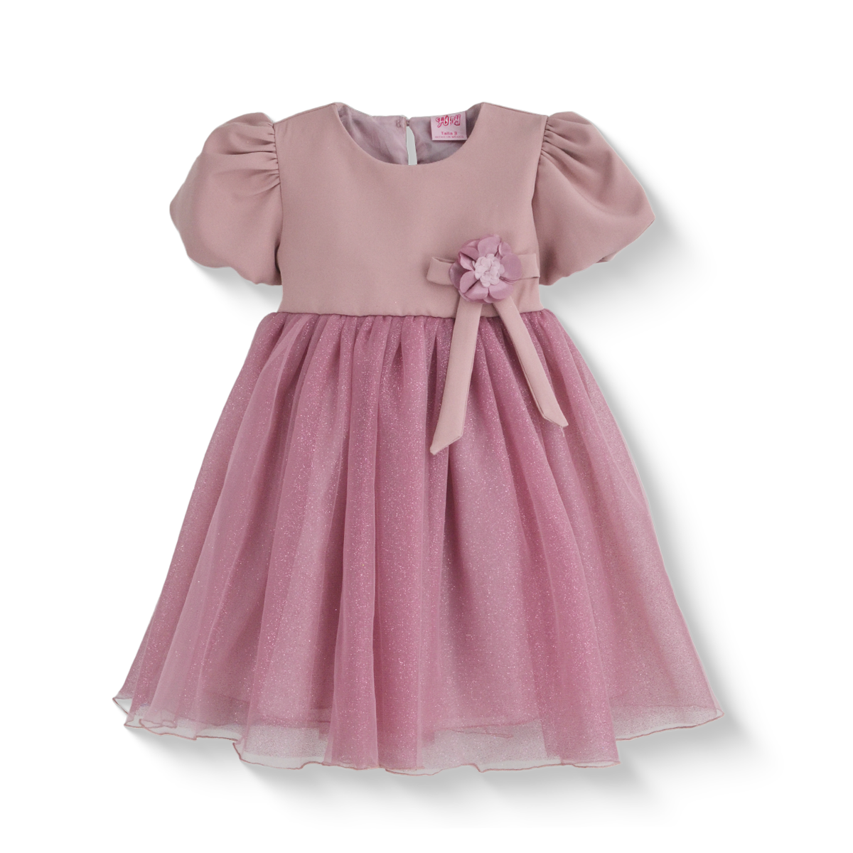 Vestido manga abullonada con flor de satín | VEBB0119 | tallas 1-2-3