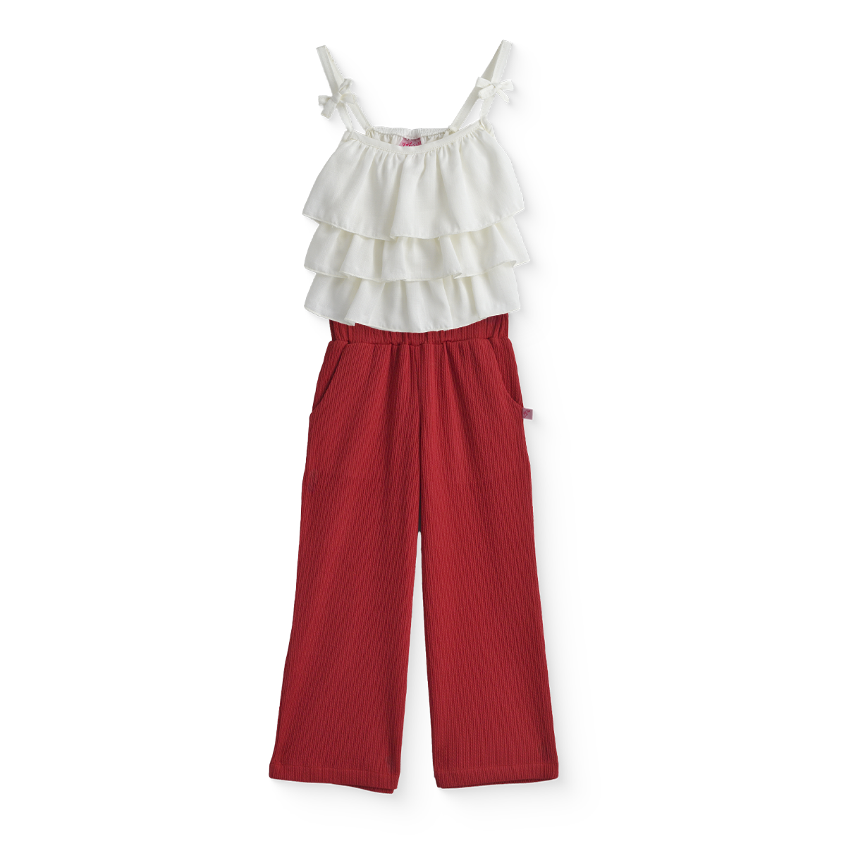 Conjunto con pantalón a rayas, blusa hueso con olanes | CONI0043 | tallas ch-m-gr