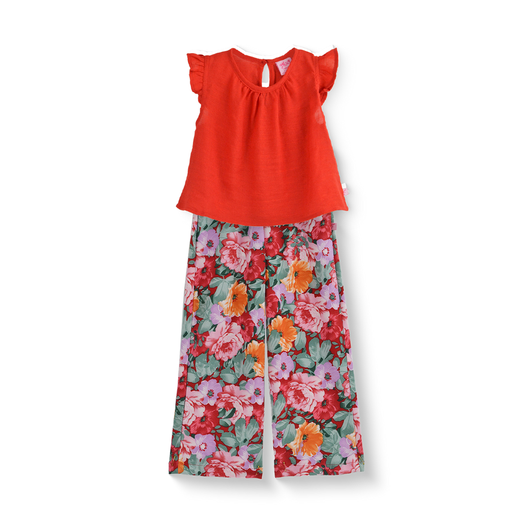 Conjunto de blusa de olanes y pantalón floreado • 4 a 12 años • Ariana 12 E