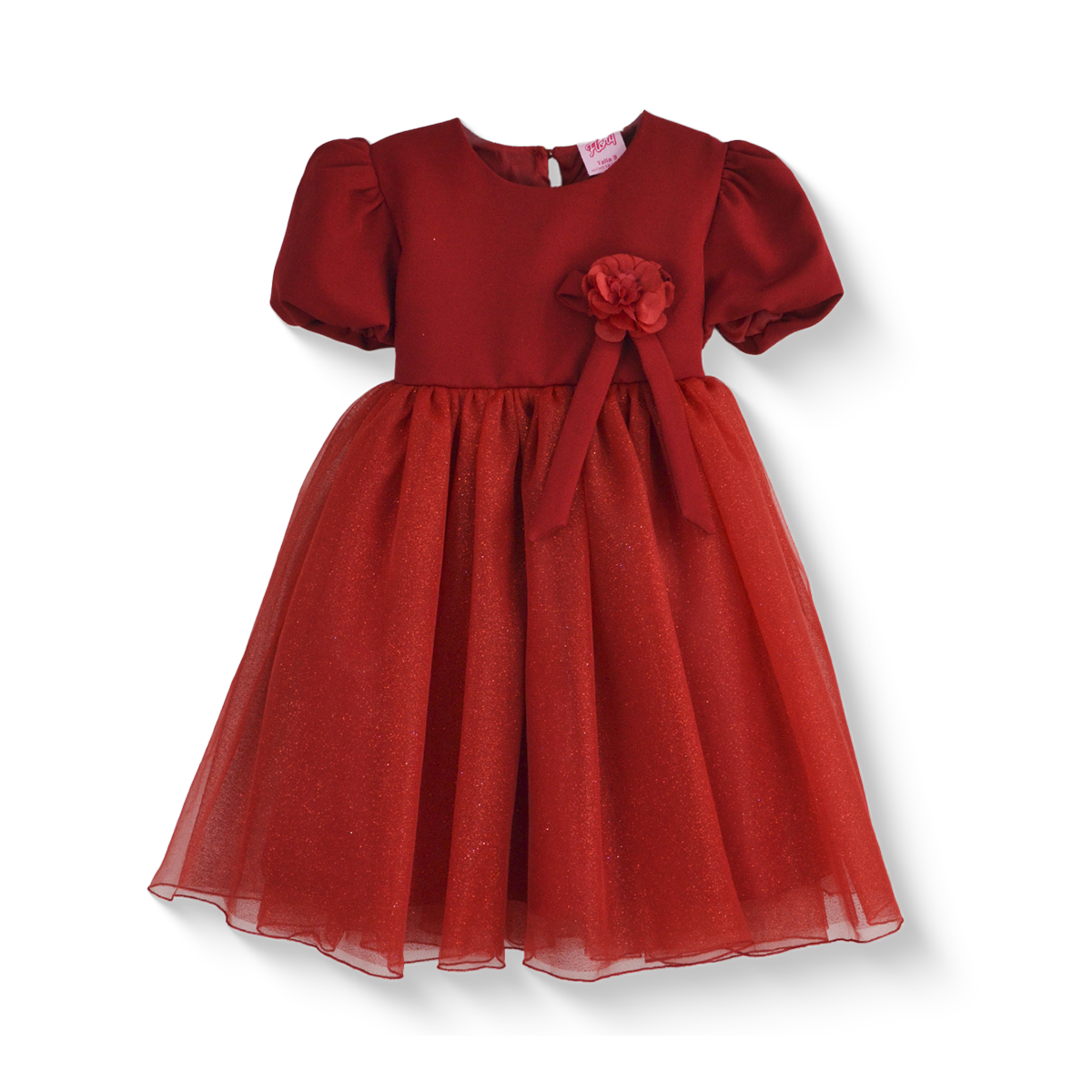 Vestido manga abullonada con flor de satín | VEBB0119 | tallas 1-2-3