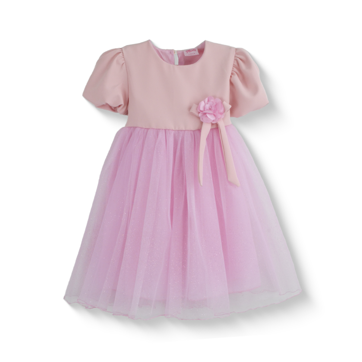 Vestido manga abullonada con flor de satín | VEBB0119 | tallas 1-2-3