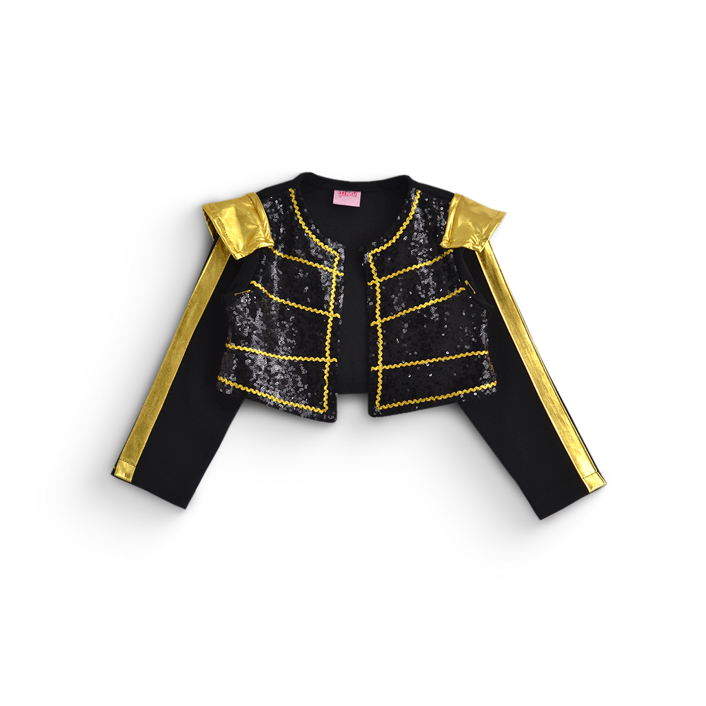 Chaqueta infantil negra de manga larga con lentejuelas y ribetes dorados, detalles dorados en los hombros y al frente.