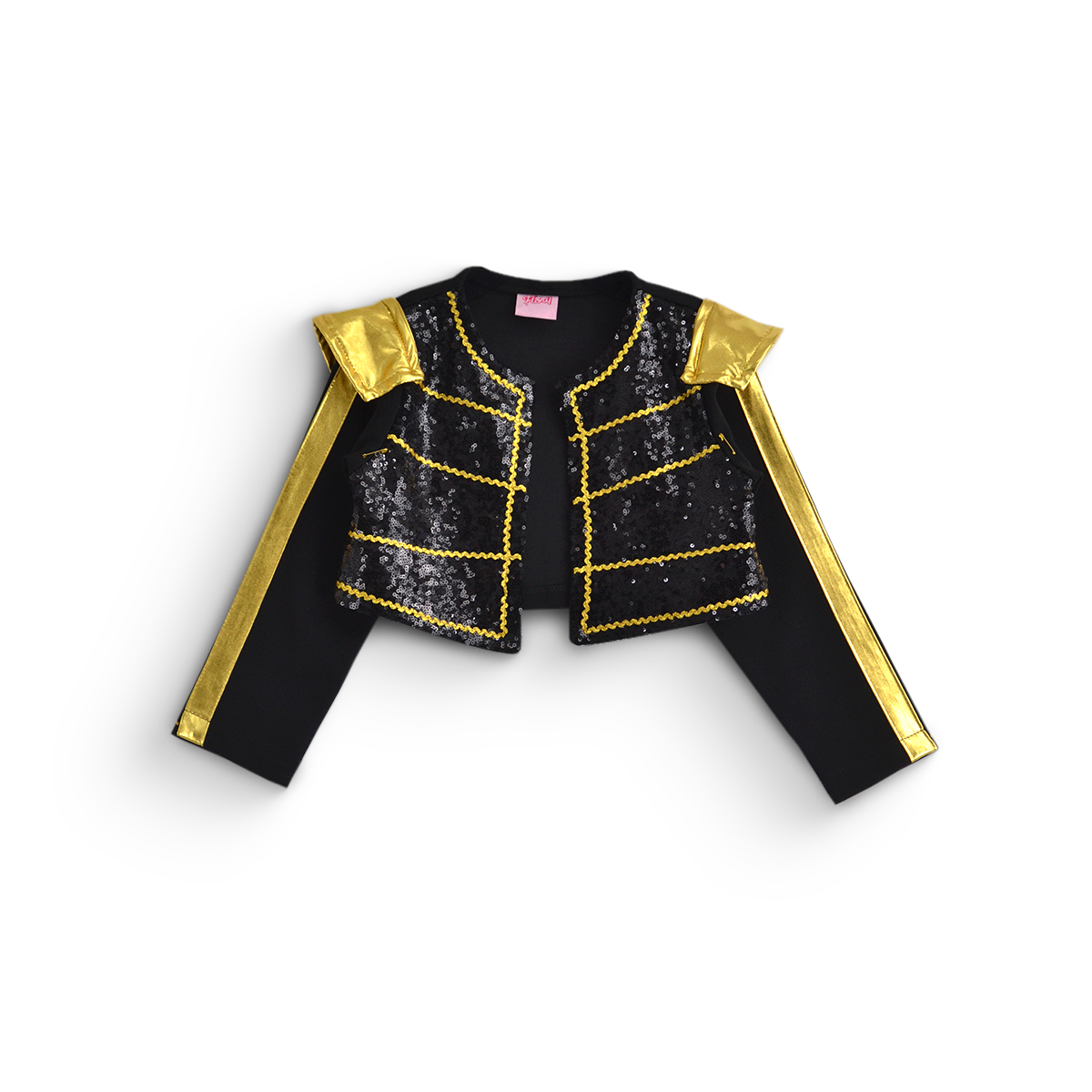 Chaqueta infantil negra de manga larga con lentejuelas y ribetes dorados, detalles dorados en los hombros y al frente.