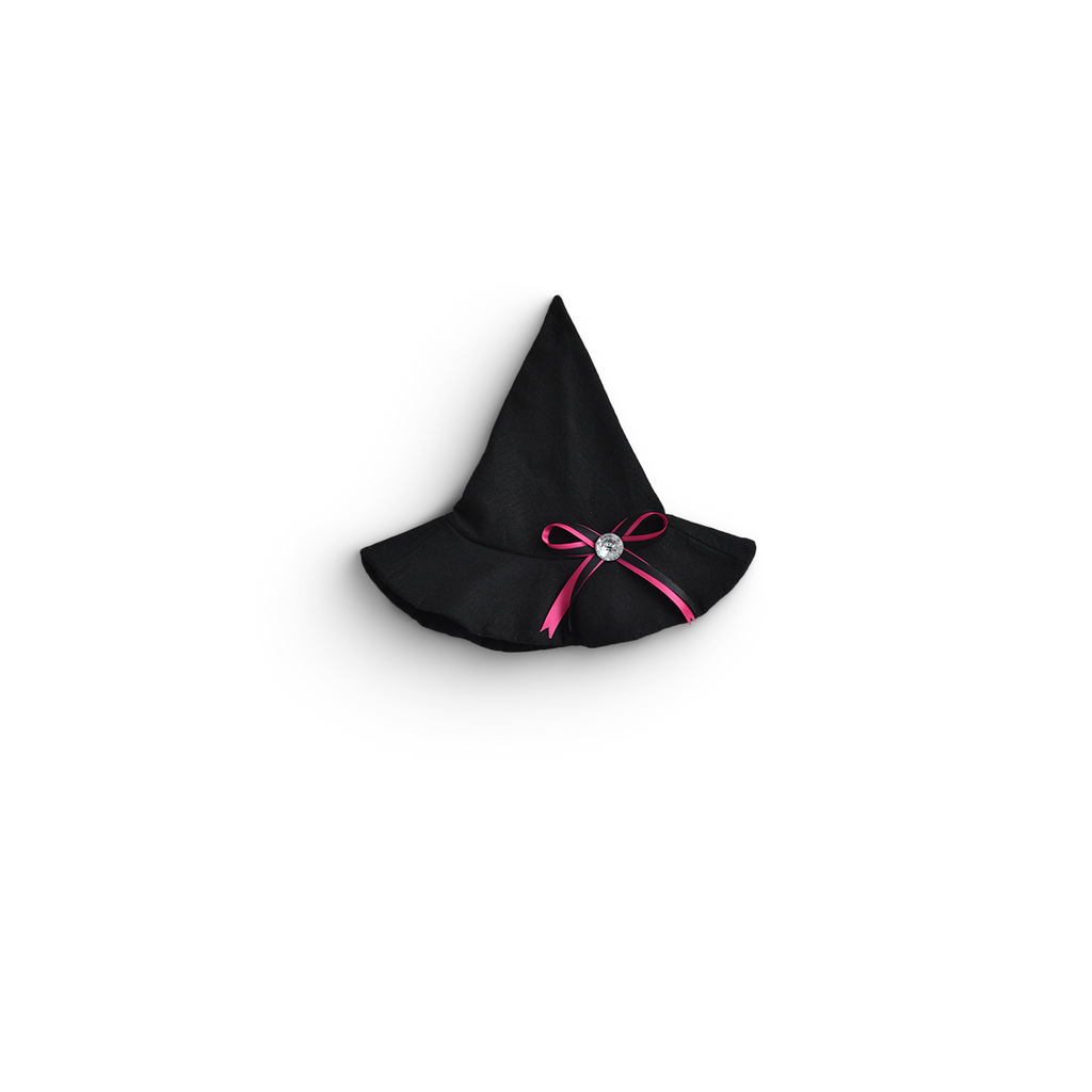 Sombrero de bruja negro de punta alta con moño fucsia y adorno brillante en el centro.