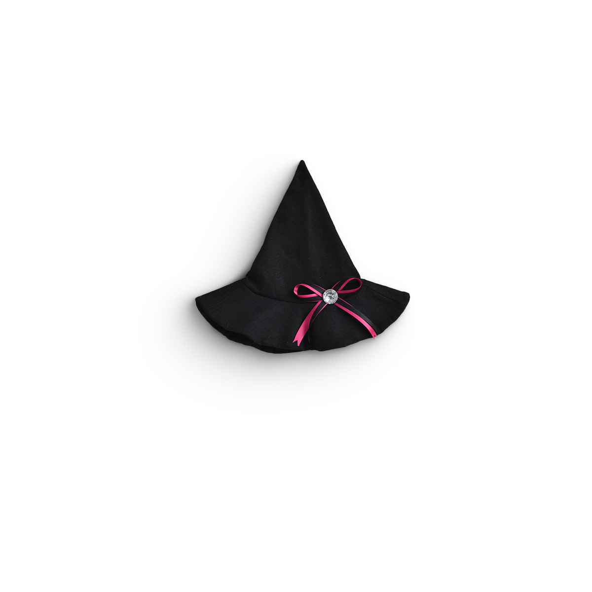 Sombrero de bruja negro de punta alta con moño fucsia y adorno brillante en el centro.