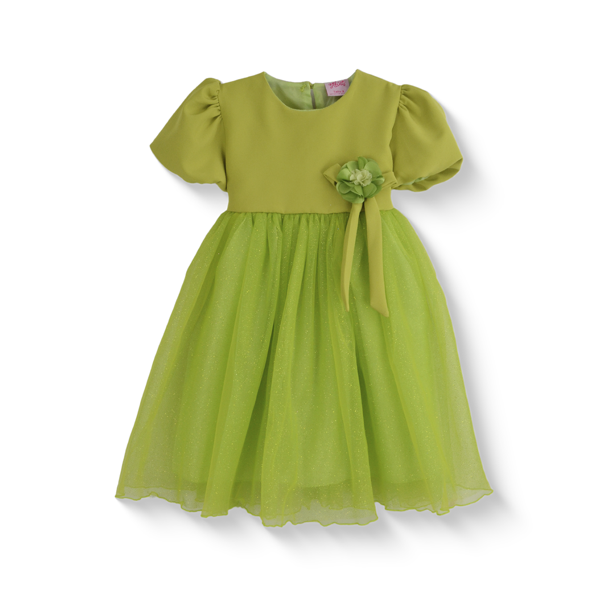 Vestido manga abullonada con flor de satín | VEBB0119 | tallas 1-2-3