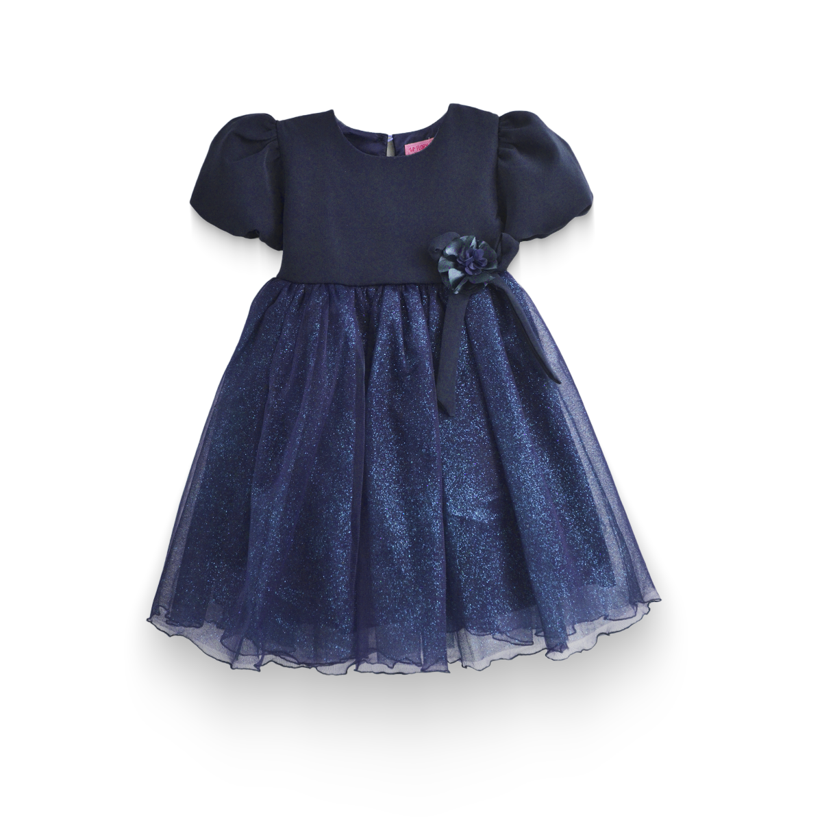Vestido manga abullonada con flor de satín Flory niña bebé VEBB0119
