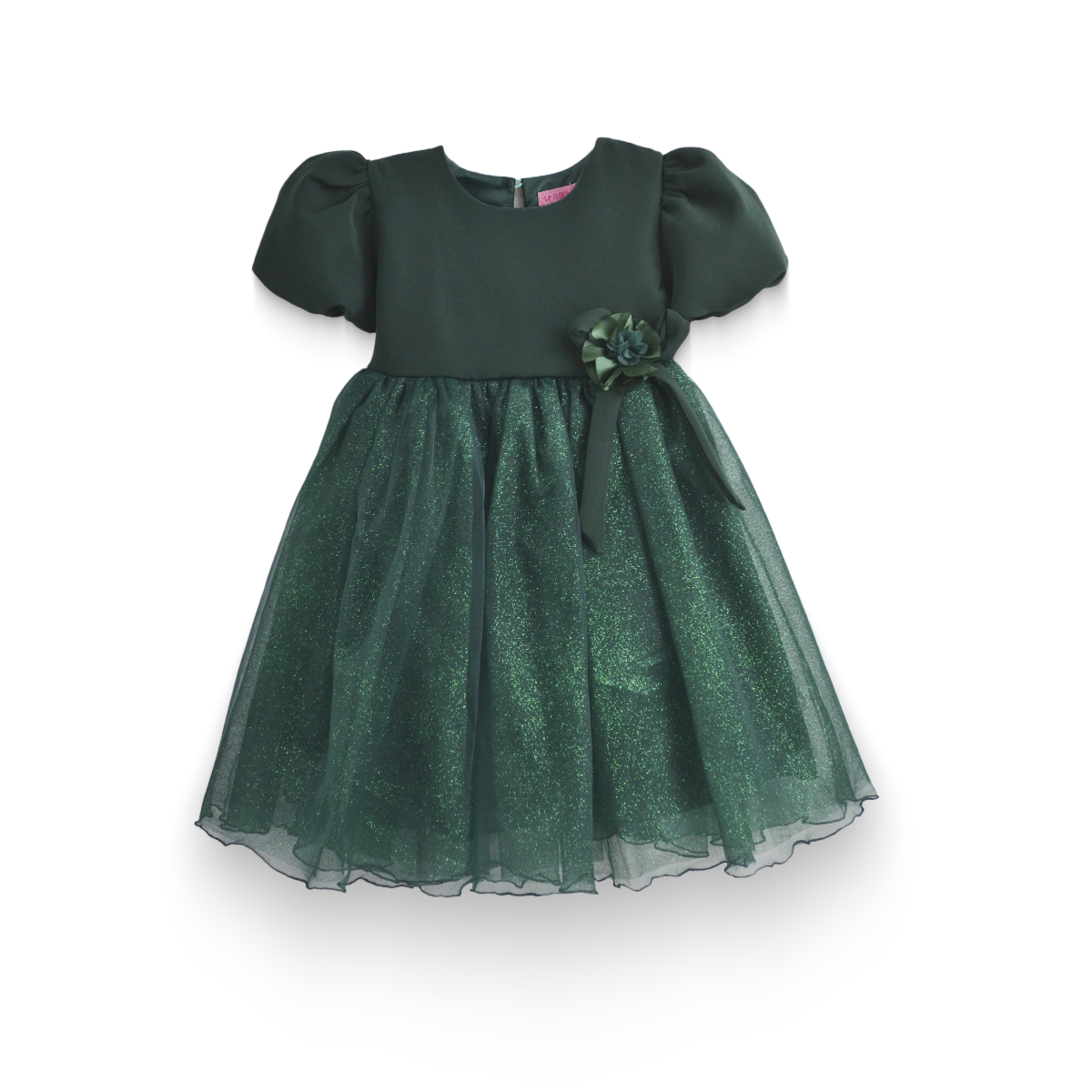 Vestido manga abullonada con flor de satín Flory niña bebé VEBB0119