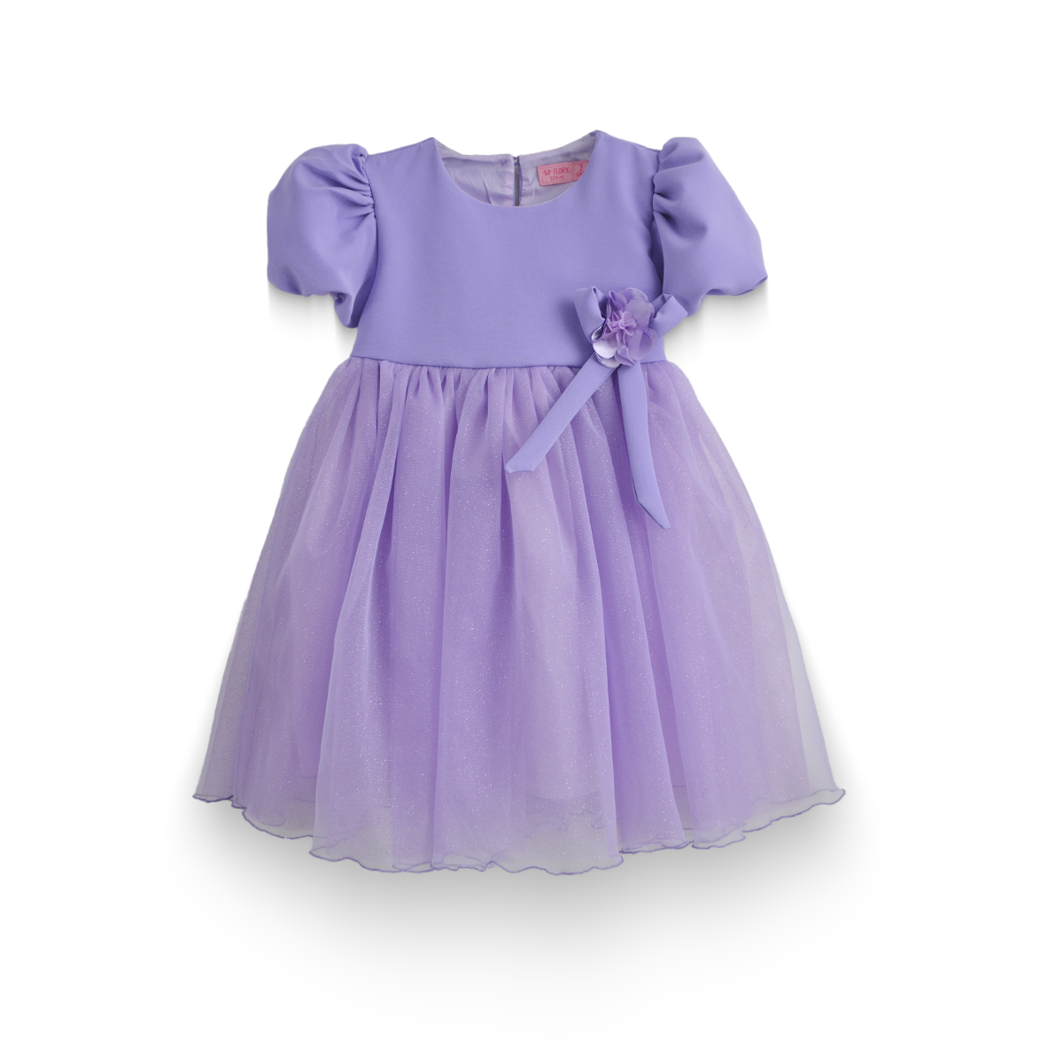 Vestido manga abullonada con flor de satín Flory niña bebé VEBB0119