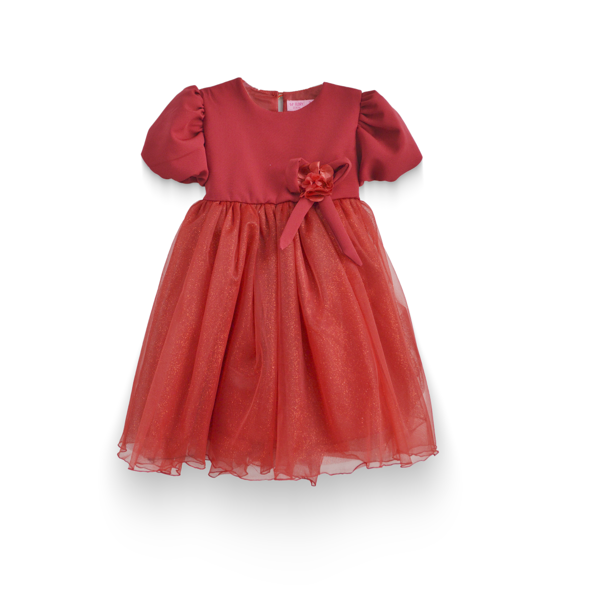 Vestido manga abullonada con flor de satín Flory niña bebé VEBB0119