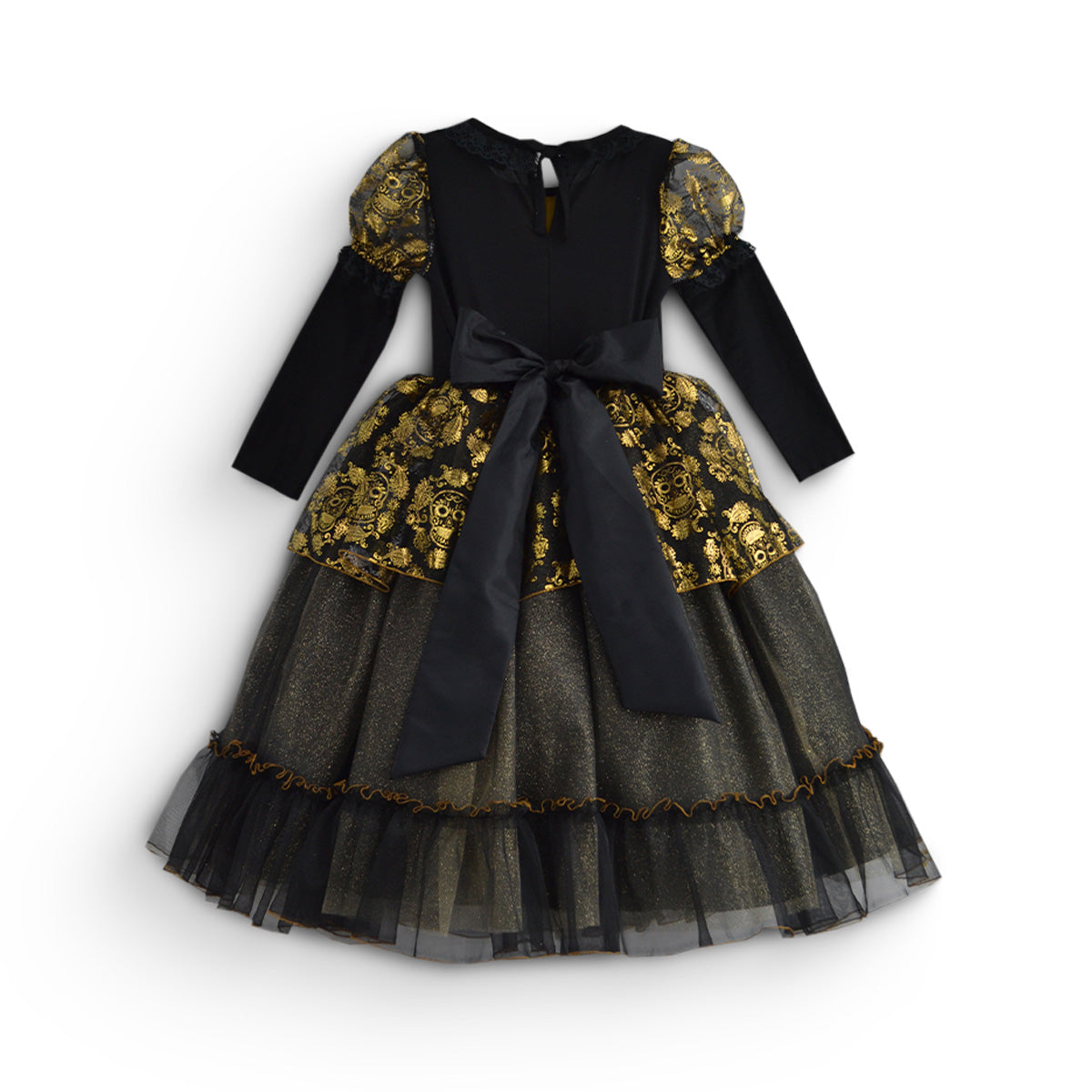 Vestido infantil negro de manga larga con estampado floral dorado en las mangas y la cintura, lazo ancho y falda de tul en capas.