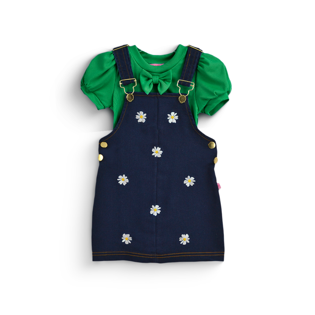 Jumper de mezclilla con bordado y blusa con moño niña bebé Flory JUBB0002