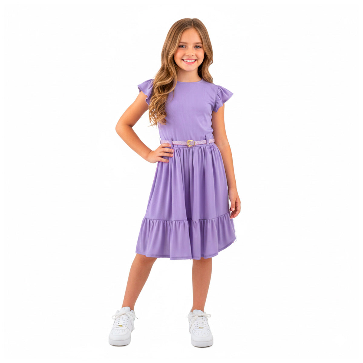 Vestido de olanes con cinturón Teen FLORY VEJU0007