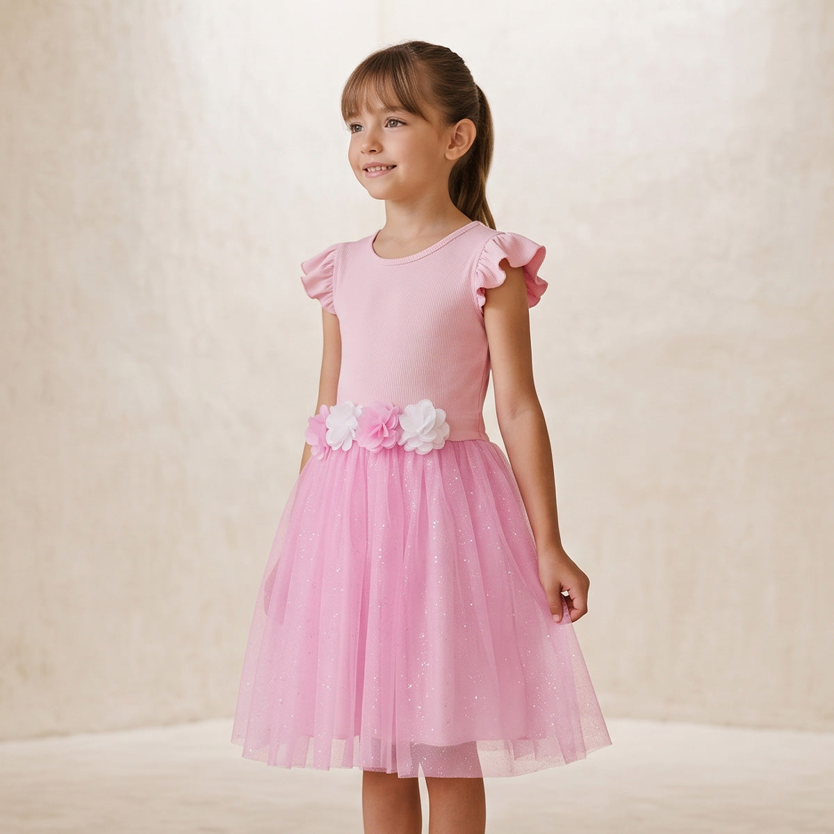 Vestido rib con tul y flores • 4 a 11 años •  Natali 16