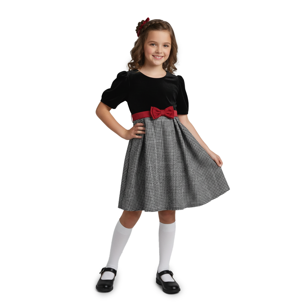 Vestido navideño de terciopelo en combinación a cuadros para niña Flory VENI0175