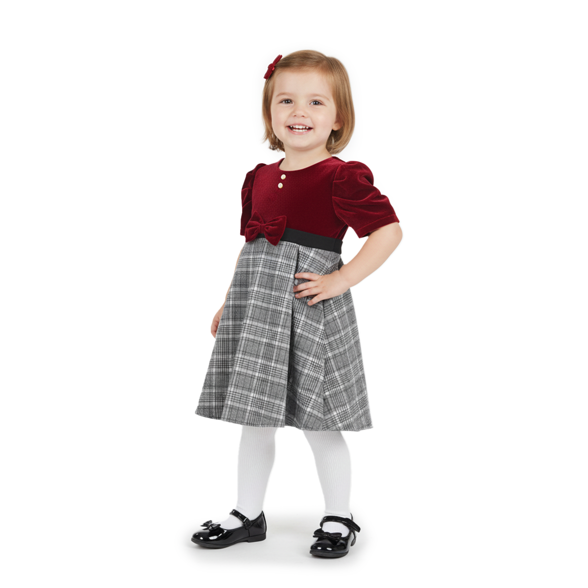 Vestido navideño de terciopelo en combinación a cuadros para bebé VEBB0120 Flory