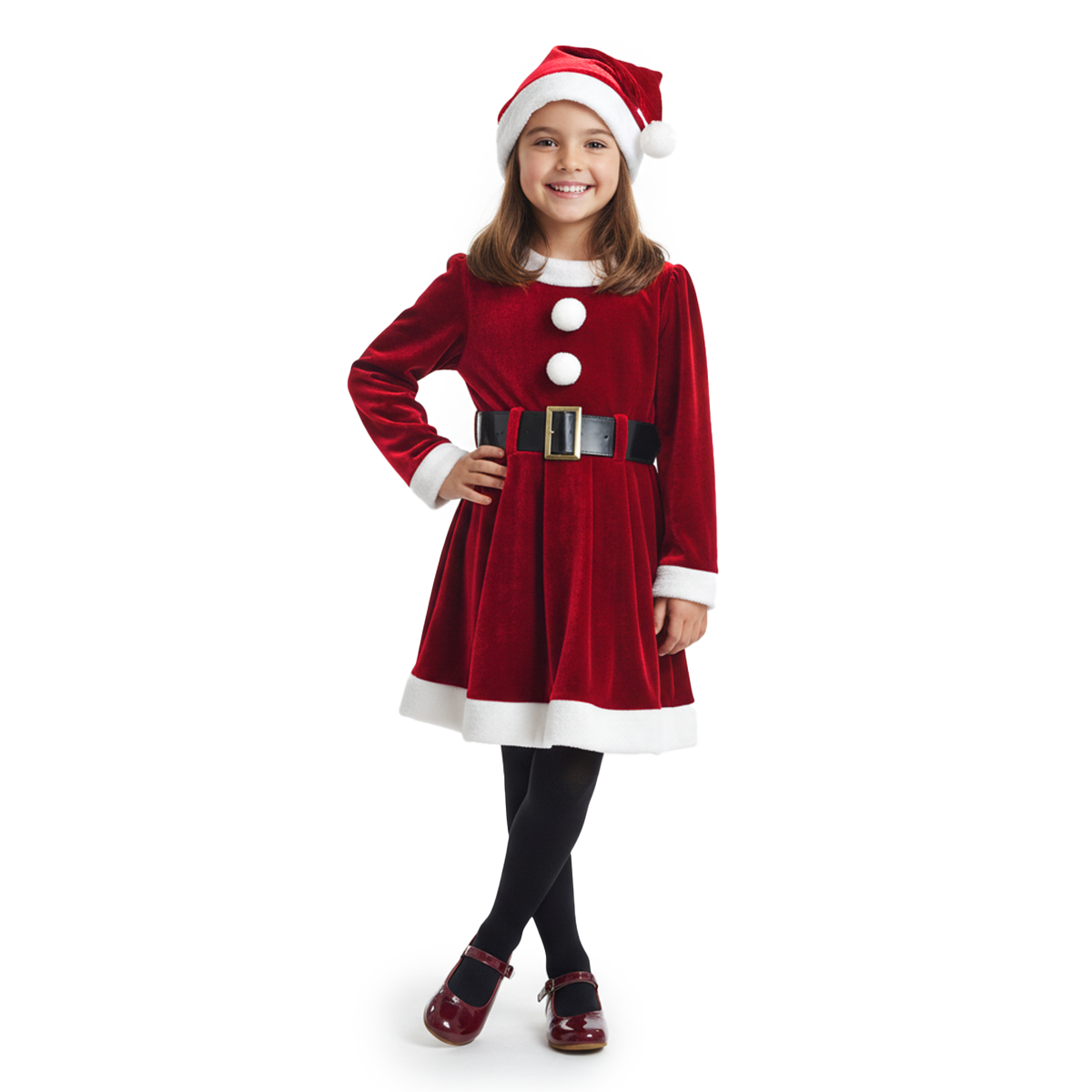 Vestido Santa Claus con cinturón y gorro cascabel para niña Flory VENI0182