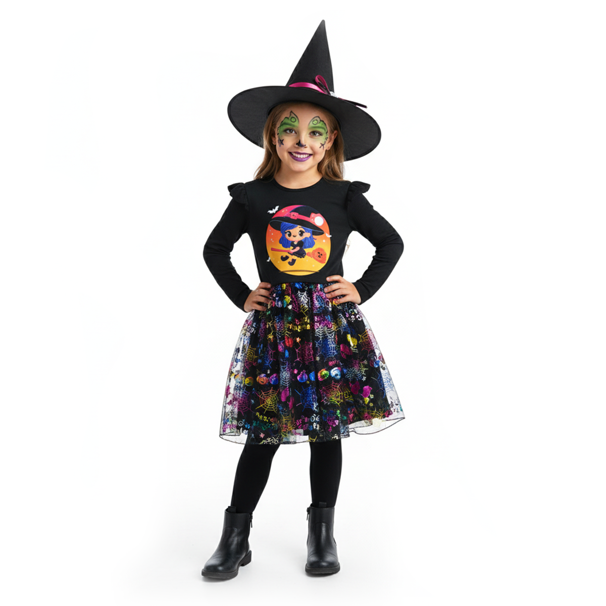 Vestido disfraz de brujita con sombrero Niña Flory VENI0183