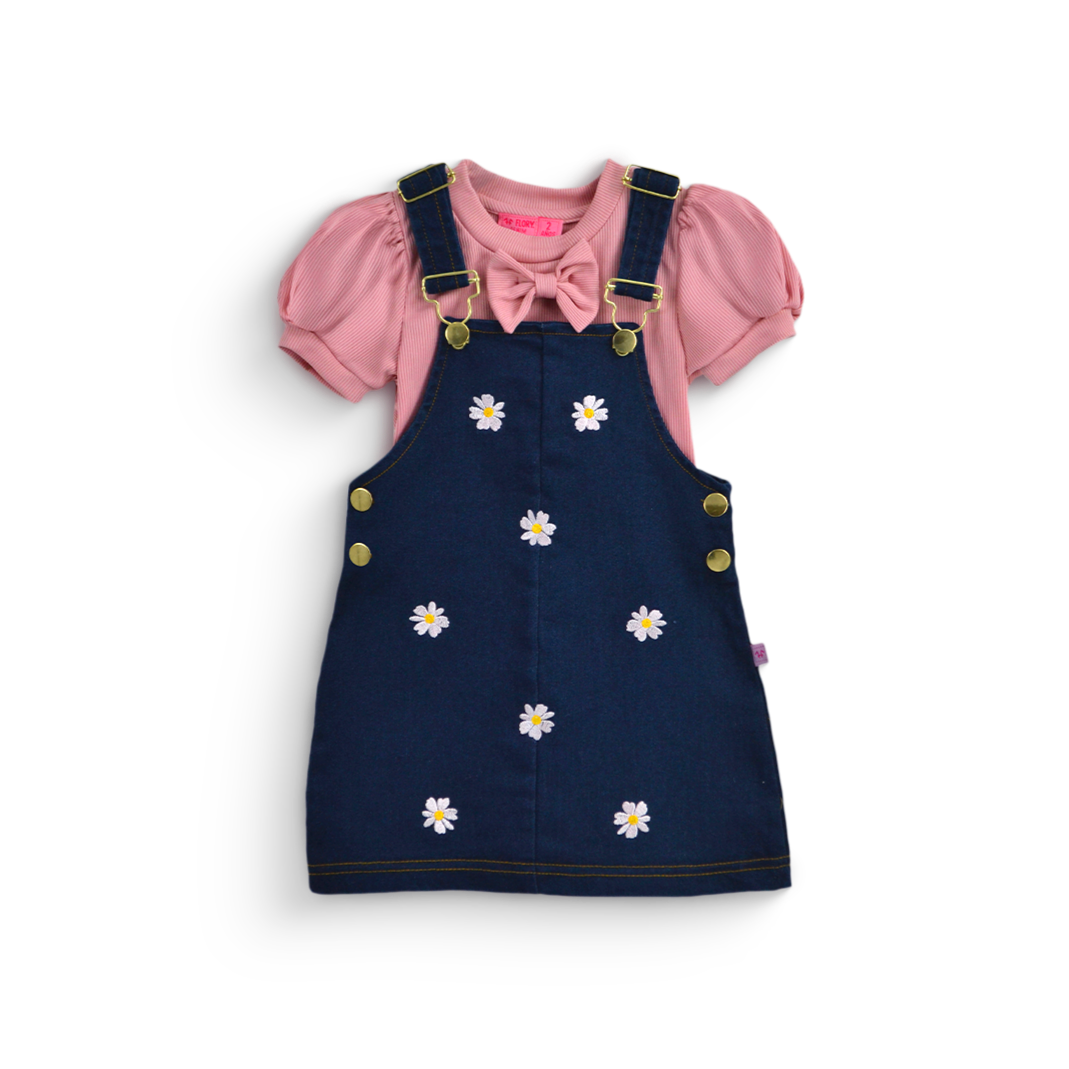 Jumper de mezclilla con bordado y blusa con moño niña bebé Flory JUBB0002