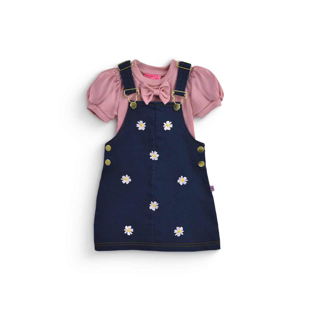 Jumper de mezclilla con bordado y blusa con moño niña bebé Flory JUBB0002