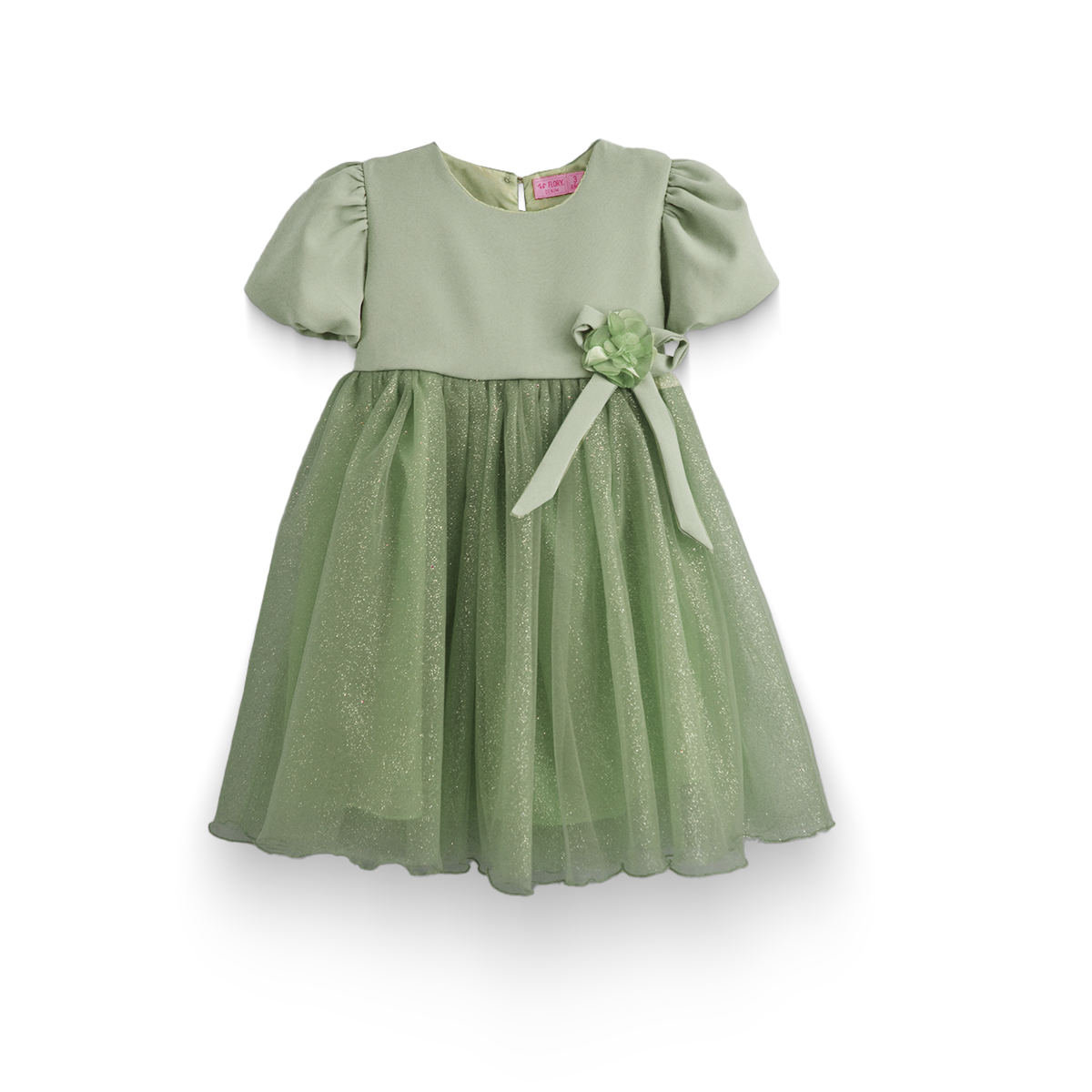 Vestido manga abullonada con flor de satín Flory niña bebé VEBB0119
