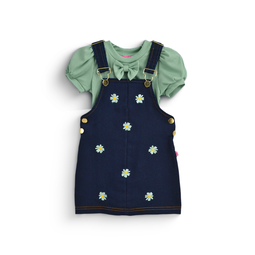 Jumper de mezclilla con bordado y blusa con moño niña bebé Flory JUBB0002