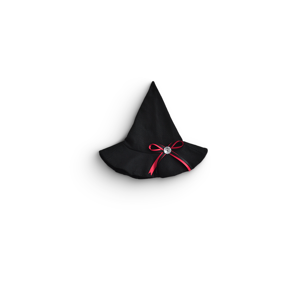 Sombrero de bruja negro de punta alta con moño rojo y adorno brillante en el centro.