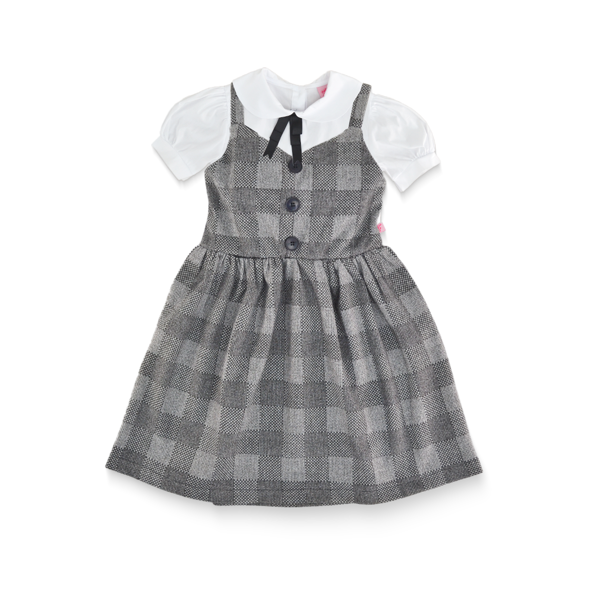 Vestido invernal de cuadros con botones y blusa de popelina con detalle de moño niña Flory VENI0158