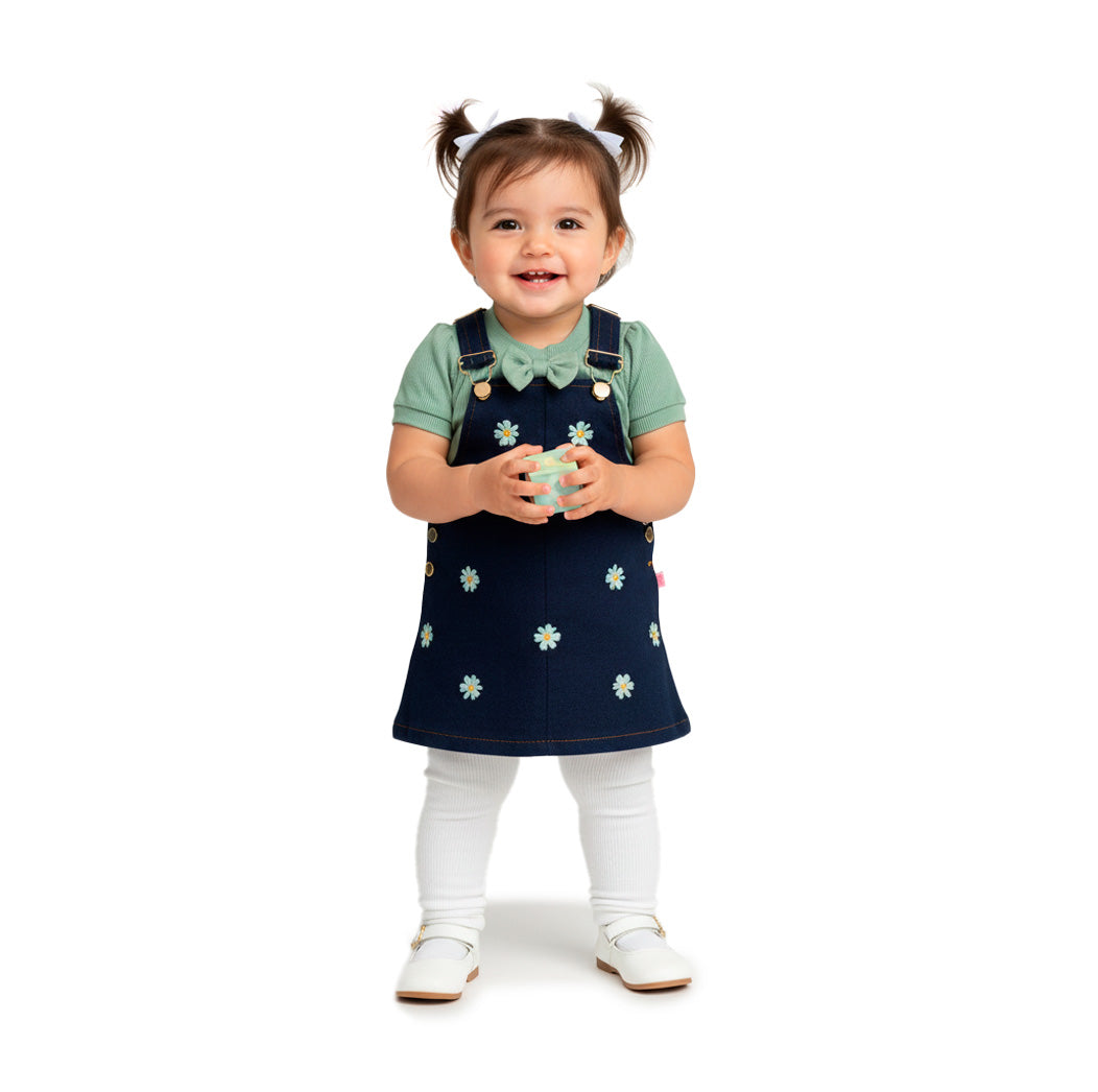Jumper de mezclilla con bordado y blusa con moño niña bebé Flory JUBB0002